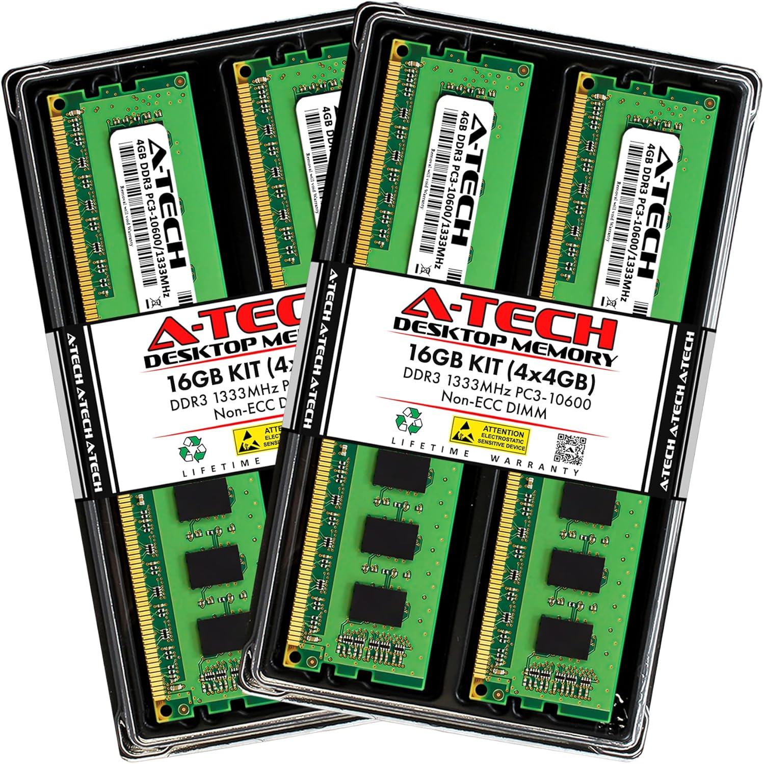 A-Tech RAM 16GB Kit (4x4GB) DDR3 1333 MHz PC3-10600 DIMM - Desktop Computer Memory - CL9 240-Pin UDIMM Non-ECC Unbuffered Upgrade Modules Pack of 2