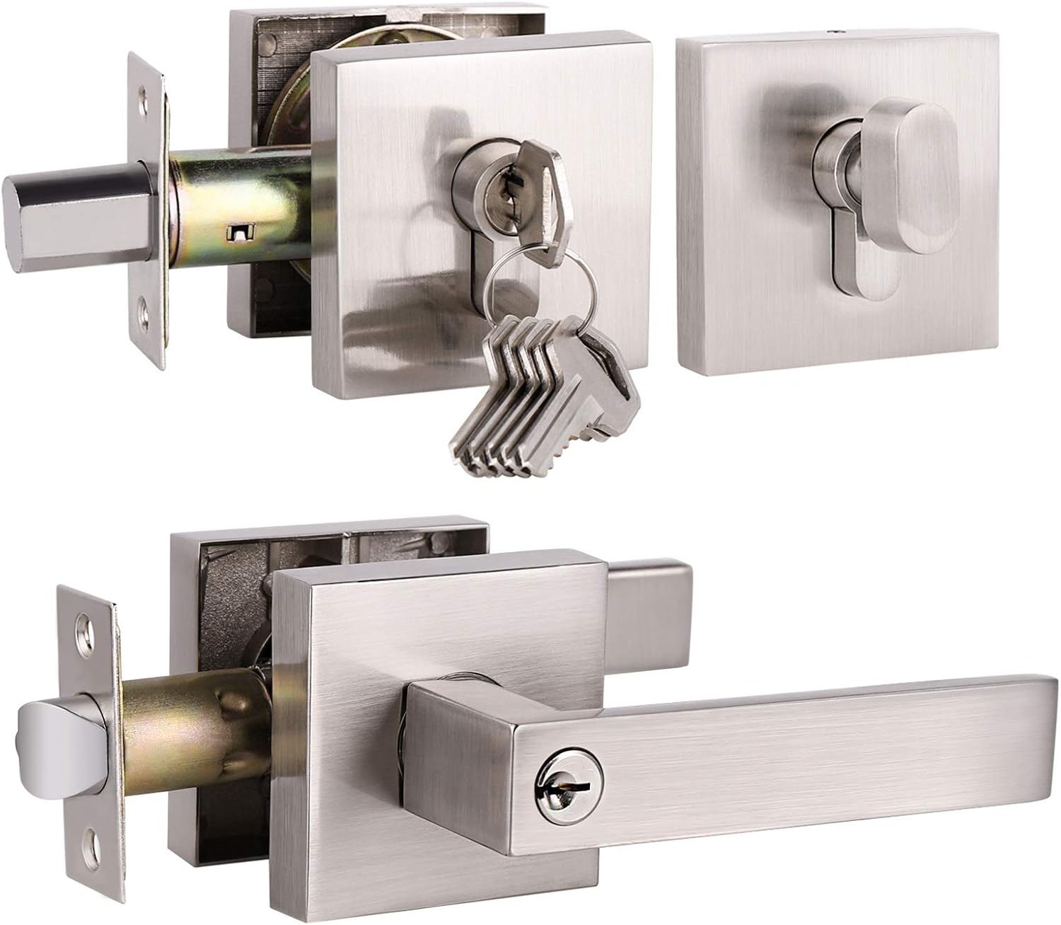 Entrance Door Lever with Single Keyed Deadbolt in Brushed Nickel,Square Entry Door Handle Set and Deadbolt Combination Locksets,2 Pack