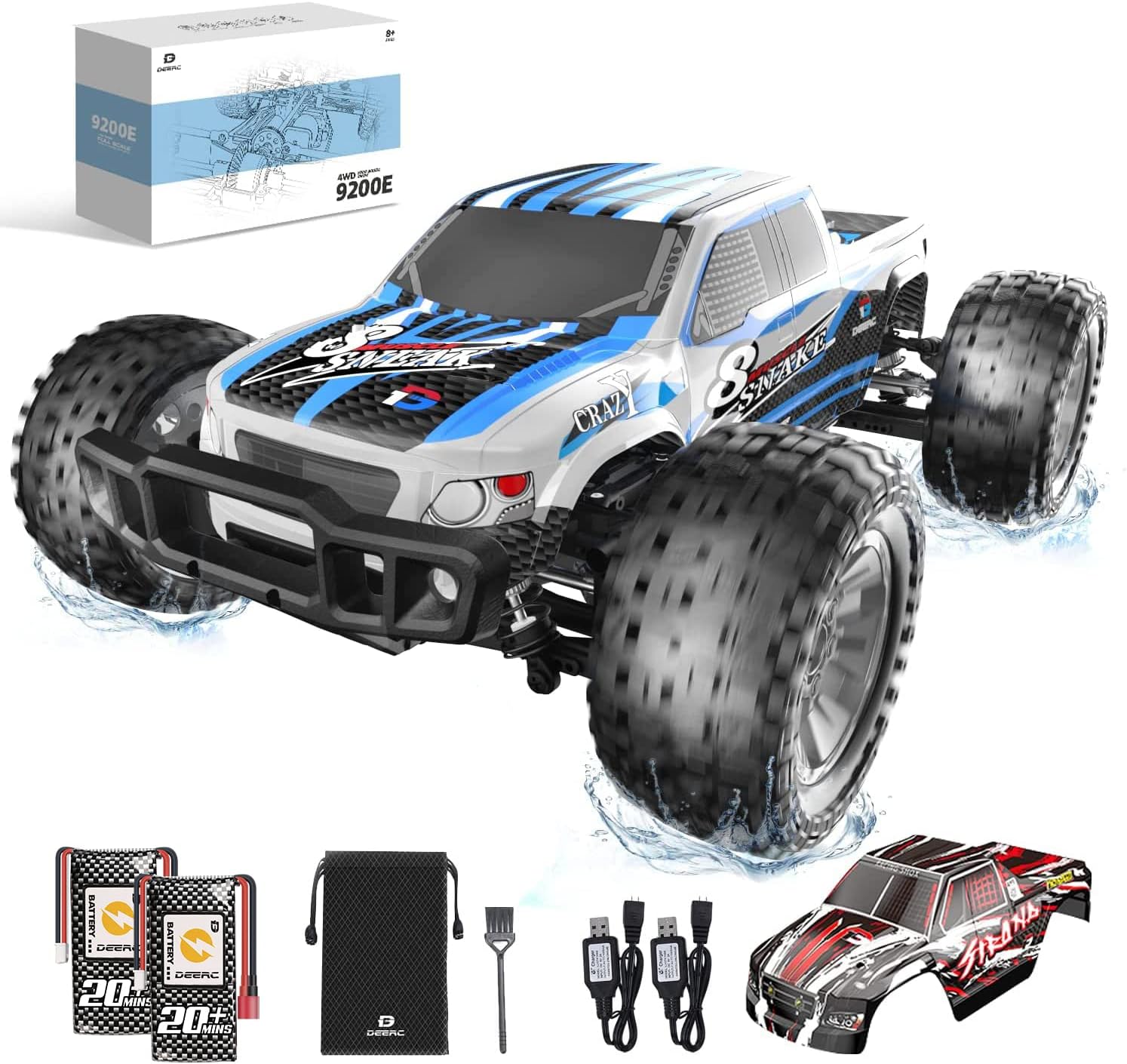 DEERC 9200E Large Hobby RC Cars, 48 KM/H 1:10 Scale Fast High Speed Remote Control Car for Adult Boy,Extra Shell 4WD 2.4GHz Off Road Monster RC Truck Toy All Terrain Racing,2 Batteries for 40 Min Play