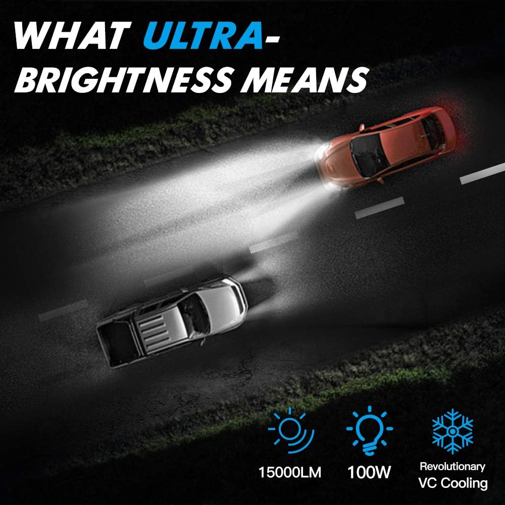 Bevinsee H11/H9/H8/H16 LED Headlight Fog Light 100W 15000LM 6000k White Bulbs Kit-VC Cooling Tech,2pcs Pack of 2