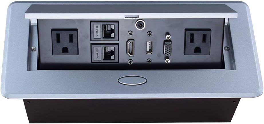 Table Pop up Power Strip Date Hub Connection Box with Outlet Network HDMI for Office Desk（Silver） Pack of 2