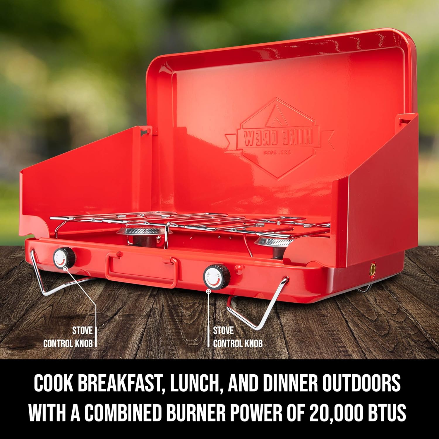Hike Crew Gas Camping Stove | Portable Double Propane Burner | Built-in Carrying Handle, Foldable Legs & Wind Panels | Includes Regulator Tube Pack of 2
