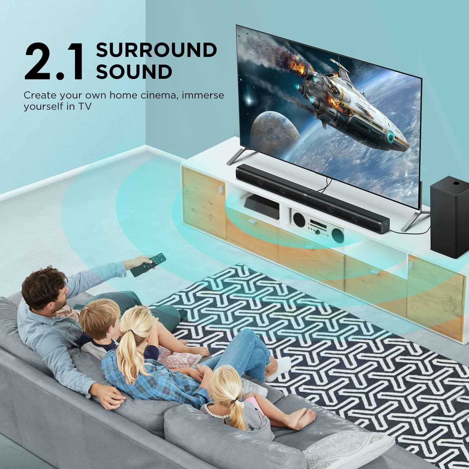 XZJX Direct 2.1 Slim Sound Bar, Sound Bar with Subwoofer, 110dB+100W, 5 Smart EQ Modes, LED Off, Optical/Aux/USB Sound bar | Multi-Connection Pack of 2