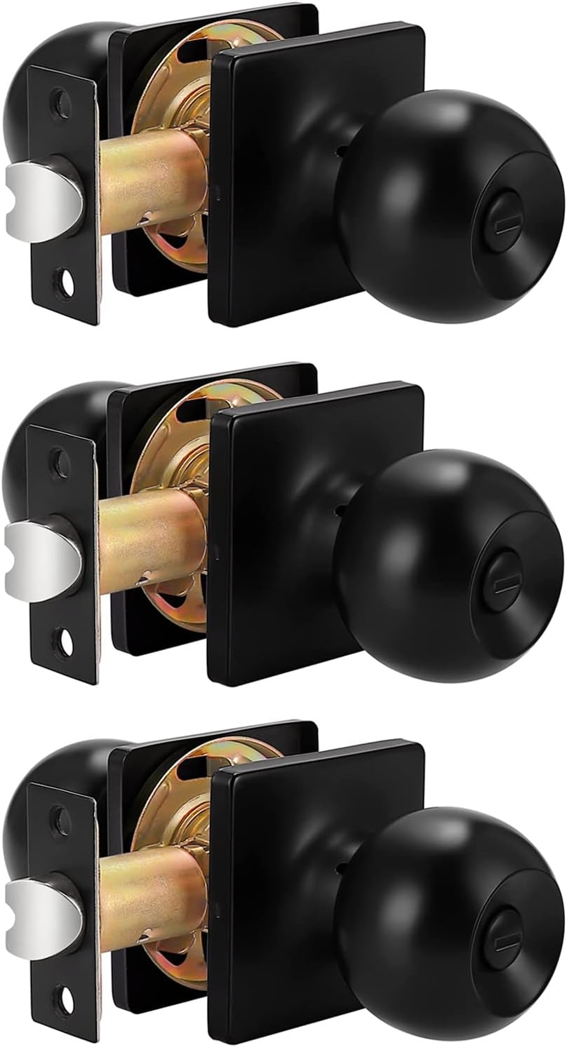 Probrico Ball Hall/Closet Passage Door Knobs with Square Rosette, Interior Keyless Black Door Handles, 3 Pack Pack of 2
