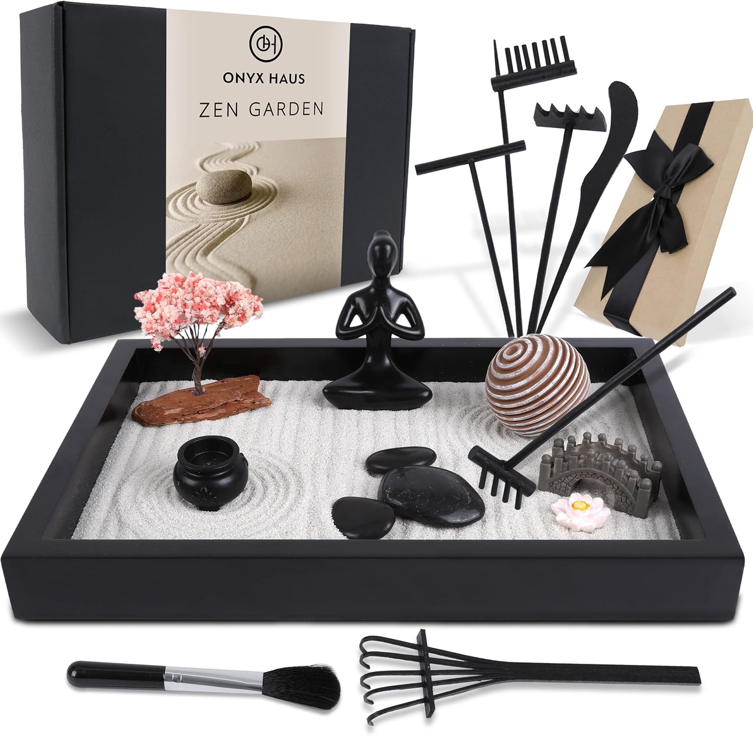 Onyx Haus Zen Garden for Desk or Office - Best Table Accessories, Desktop, and Tabletop Decor - Large Wooden Tray, White Sands, Rocks, Rake Tools Set - Great Gift on Christmas Pack of 2