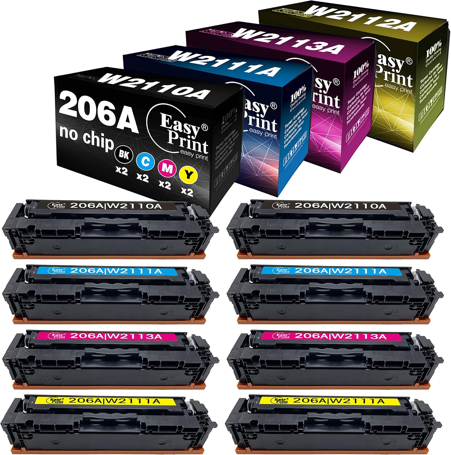 EASYPRINT (NO CHIP) Compatible 206A Toner Cartridge Replacement for HP 206X W2110A W2111A W2112A W2113A M255dw M255nw MFP M283fdw M283fdn Printer (2B/2C/2M/2Y, 8 Pack)