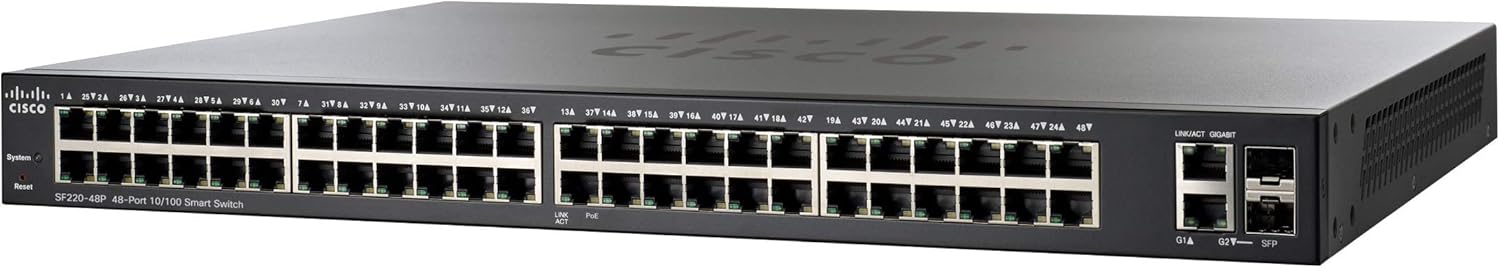 Cisco SF220-48P Smart Switch with 48 10/100 Fast Ethernet Plus 2 Gigabit Ethernet (GbE) Ports, 375W PoE, Limited Lifetime Protection