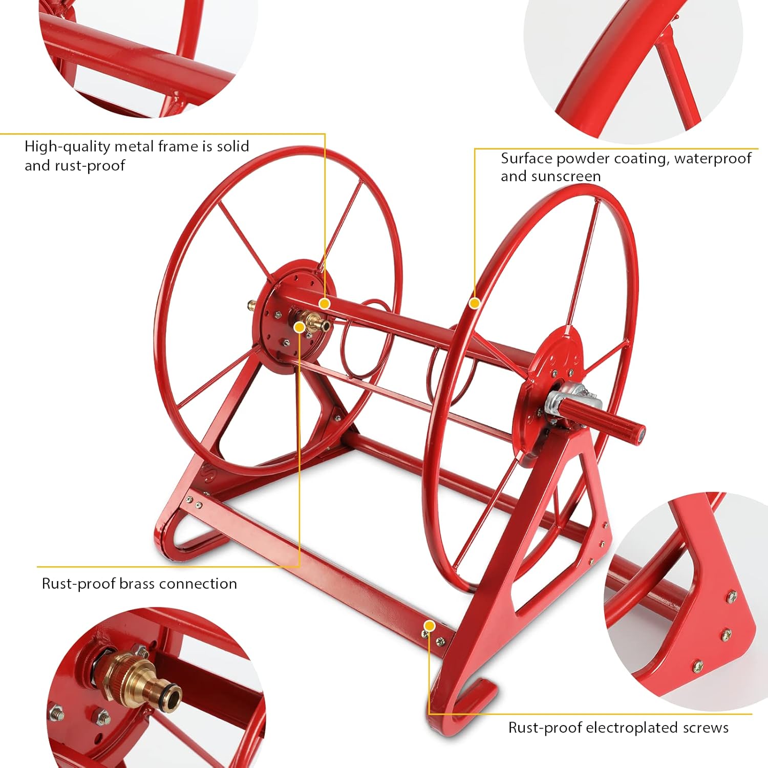 Yunnix Garden Hose Reel Holder Heavy Duty Water Hose Reel Wall/Floor Mounted for Outside Hose Storage Hold 200 FT 3/4 Inch Hose Cart with Quick Connector Adapters