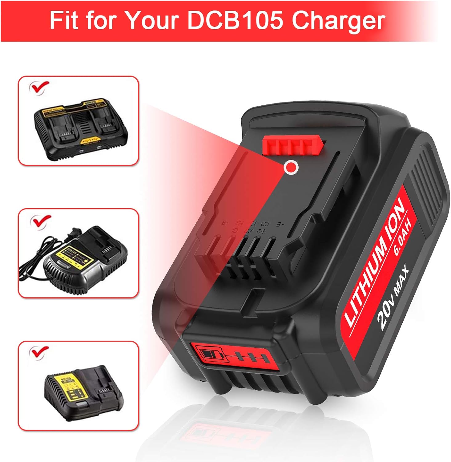 2 Pack 6.0Ah DCB206 Replacement Battery Compatible with Dewalt 20V Battery Max Lithium DCB200 DCB201 DCB203 DCB204 DCB205 DCB207 Pack of 2