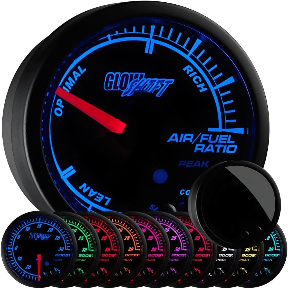 GlowShift Elite 10 Color Narrowband Air/Fuel Ratio AFR Gauge - Lean, Optimal & Rich Readings - Black Dial - Tinted Lens - Peak Recall Function - 2-1/16