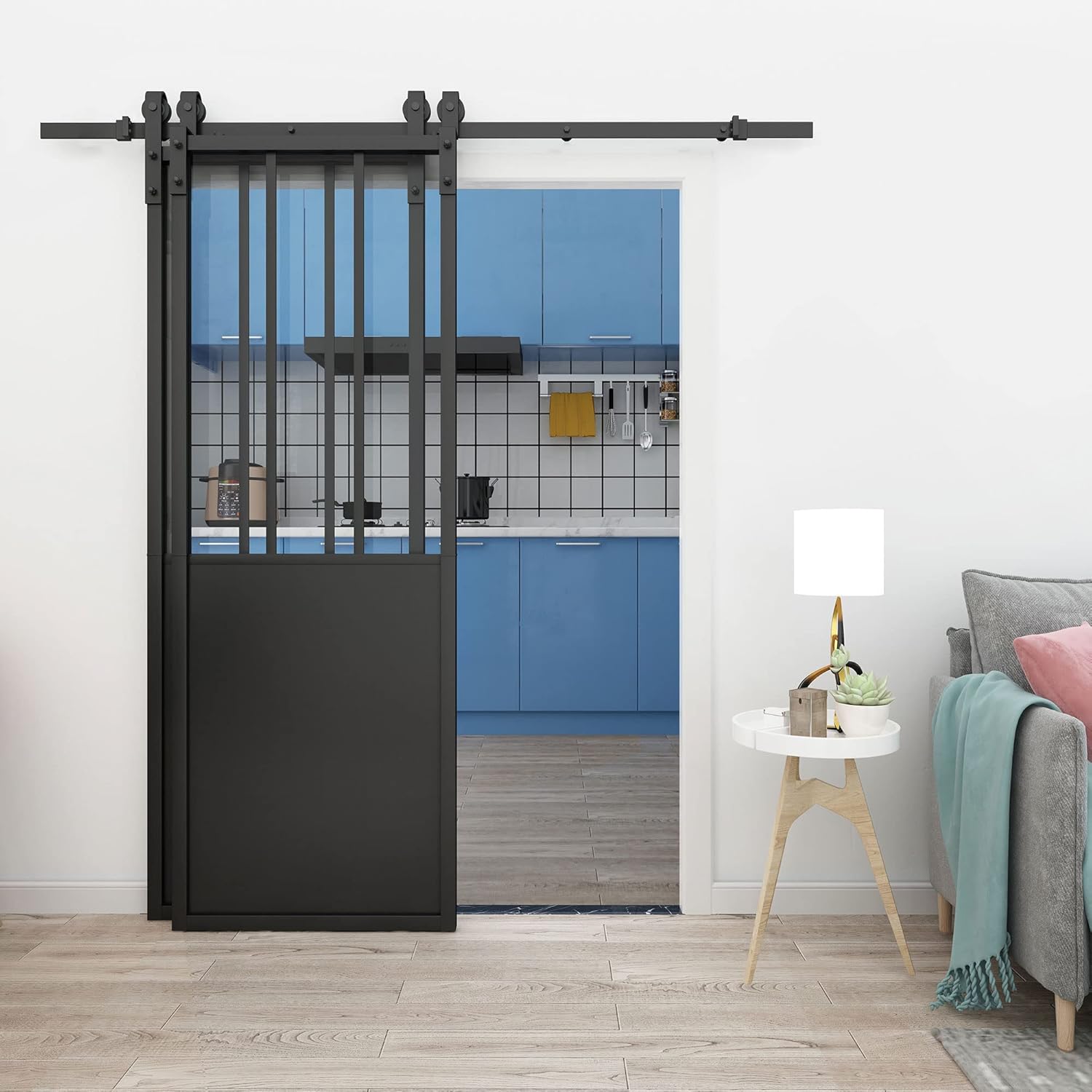 JUBEST Double Barn Door 60 x 84 in with 6.6FT Hardware Kit, 2 Sets of 30x84 in Clear Tempered Glass Aluminum Frame Barn Door,Pocket Interior Door, Easy Assembly，Black Side-Mounted Hardware