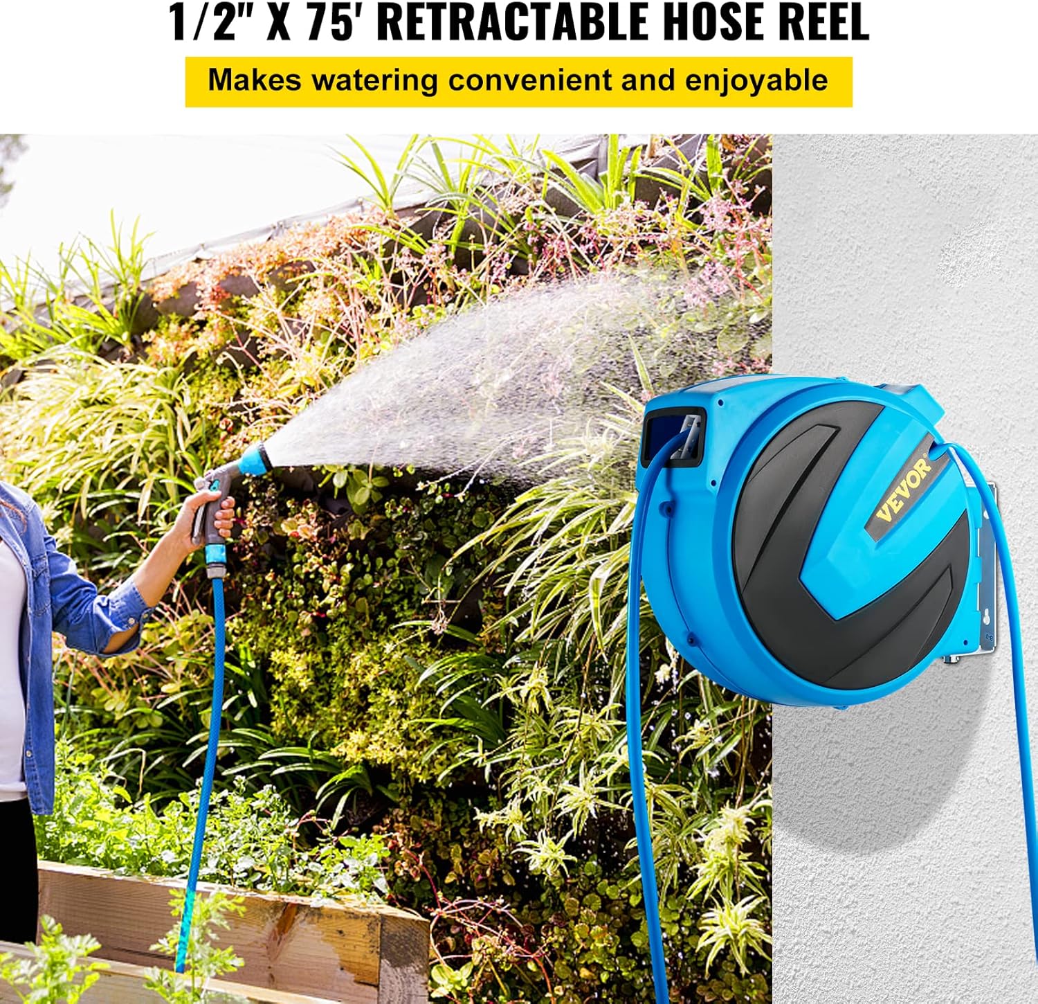 VEVOR Retractable Hose Reel, 1/2 inch x 75 ft, Any Length Lock & Automatic Rewind Water Hose, Wall Mounted Garden Hose Reel w/ 180° Swivel Bracket and 7 Pattern Hose Nozzle, Blue