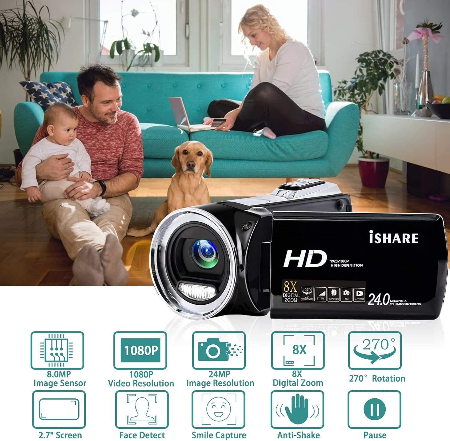 Camcorder Digital Camera FHD 1080p Vlogging Camera Recorder 2.7 Inch 270 Degree Rotation LCD Camcorder, Video Camera with 8 × Digital Camera(Not Included SD Card) Pack of 2