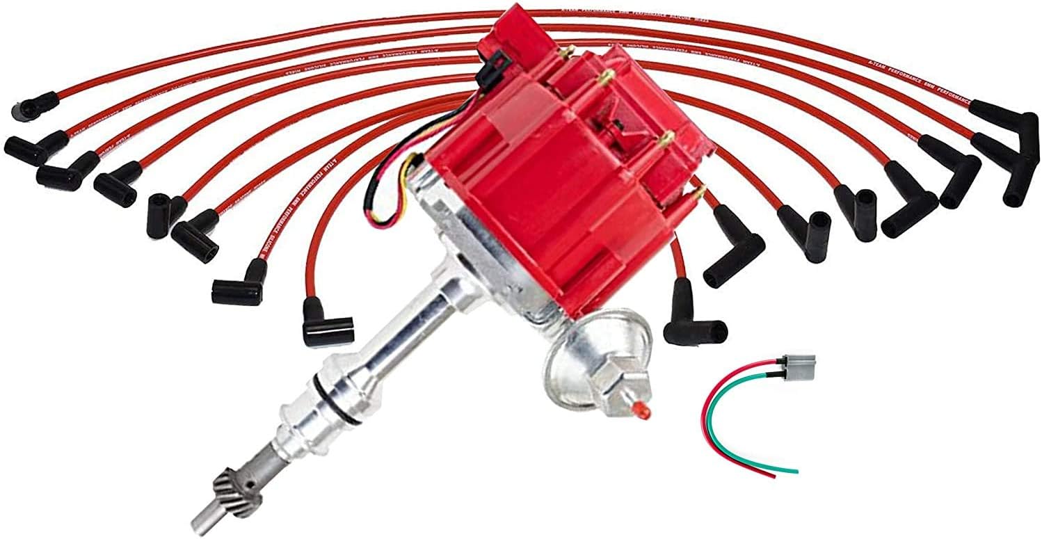 A-Team Performance - HEI Distributor, 8.0mm Spark Plug Wires, and Battery-Pigtail Harness Kit - Compatible with Ford 351W Windsor 351W One-Wire Installation Red Cap