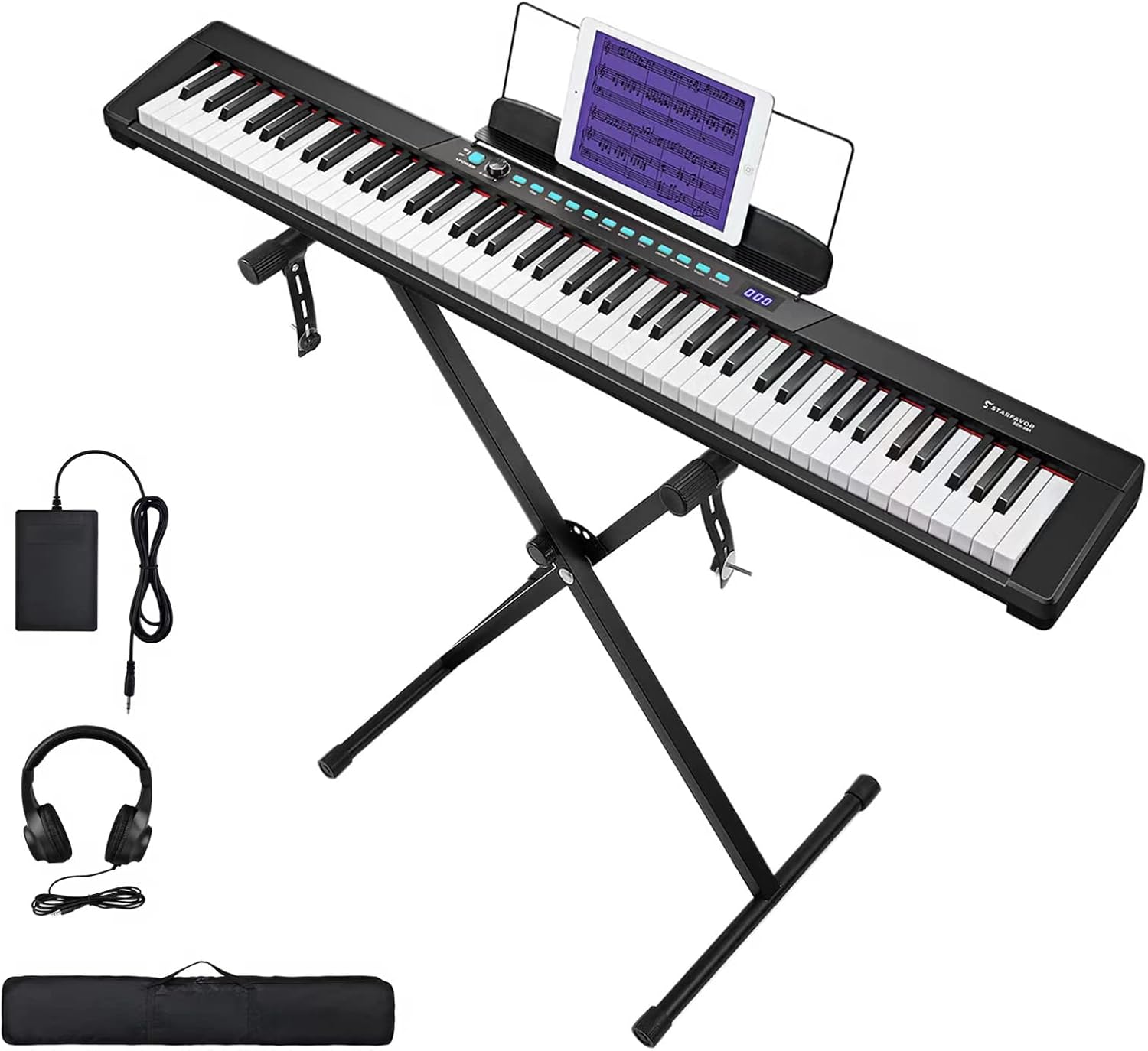 Starfavor 88-Key Beginner Electronic Keyboard Piano with Semi-Weighted Keys, X-Stand, Sustain Pedal, Power Supply, Carrying Case, Electric Keyboard SEK-88A