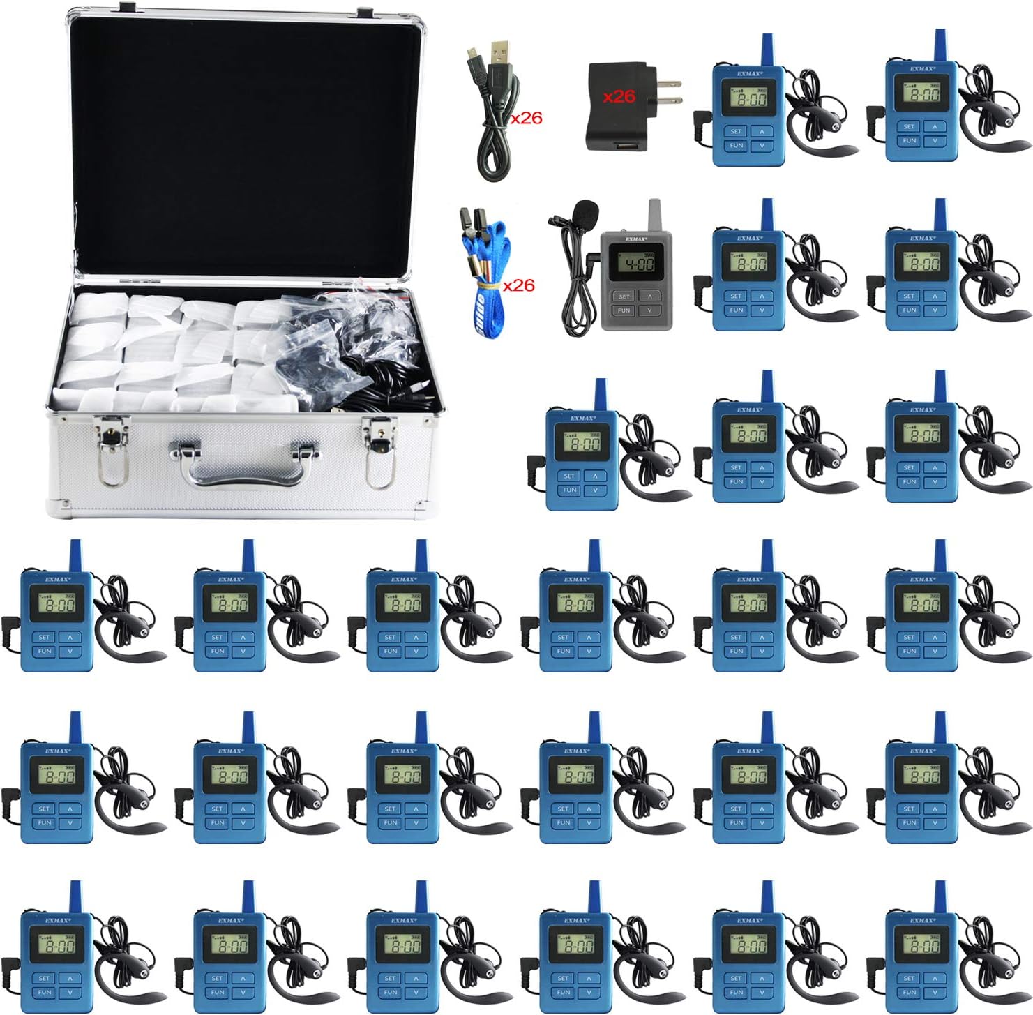 EXMAX ELGT-470 Wireless Tour Guide Whisper Acoustic Transmission System for Travel,Conference,Training,Hajj,Church,Teaching(1 Transmitter & 25 Receivers with Sivler Aluminium Alloy Storage Case)