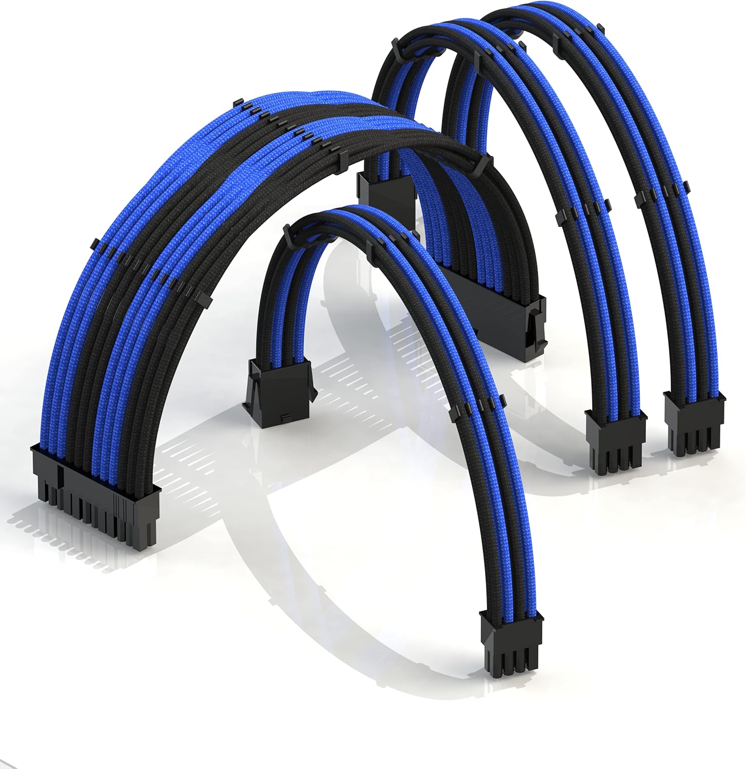 LINKUP - 30cm Super Soft and Flexible PSU Cable Extension Sleeved Custom Mod GPU PC Braided w/Comb Kit┃1 x 24 P (20+4)┃2 x 8 P (4+4) CPU┃2 x 8 P (6+2) GPU Set┃300mm - Blueblack Pack of 2