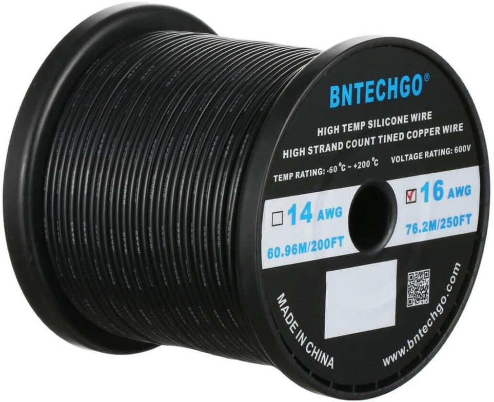BNTECHGO 16 Gauge Silicone wire spool 500 ft Black Flexible 16 AWG Stranded Tinned Copper Wire