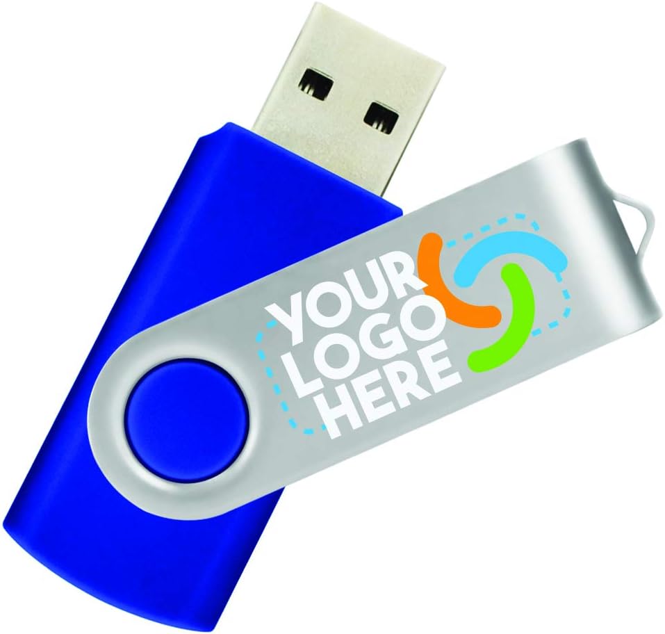 16GB Custom USB Flash Drives Personalized with Your Logo - for Promotional Use - Swivel - Blue Body/Silver Clip - 500 Pack