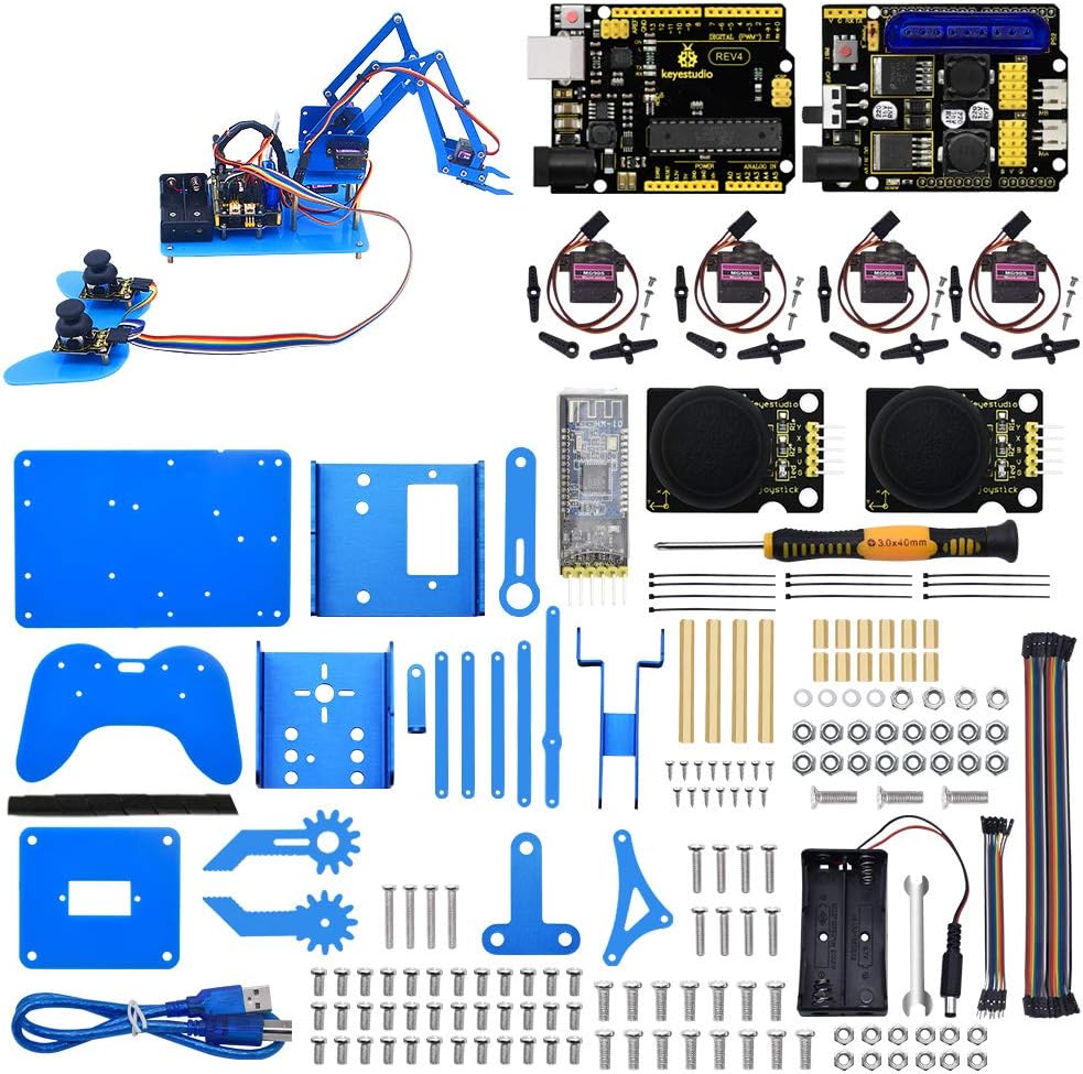 KEYESTUDIO Robot Arm Starter Kit for Arduino,4DOF Electronic Coding Robotics Arm DIY Set for Kids Adults to Learn Robotics,Support PS2 Joypad Control, Bluetooth Remote Control by Android/iOS APP Pack of 2