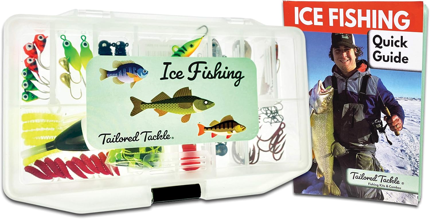 Tailored Tackle Ice Fishing Rod Reel Combo | Jigs Lures Kit Walleye Perch Panfish Crappie Bluegill Ice Fishing Gear Tackle Box | Includes How to Ice Fish Book Pack of 2