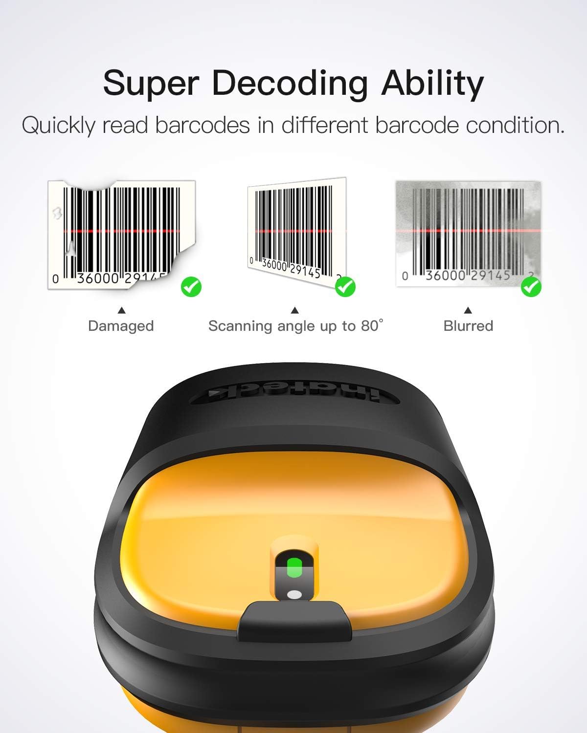 Barcode Scanner, Inateck Wireless Scanner, 2.4 GHz Adapter, 2600mAh Battery, 60M Range, Automatic Scanning, P6 Pack of 2