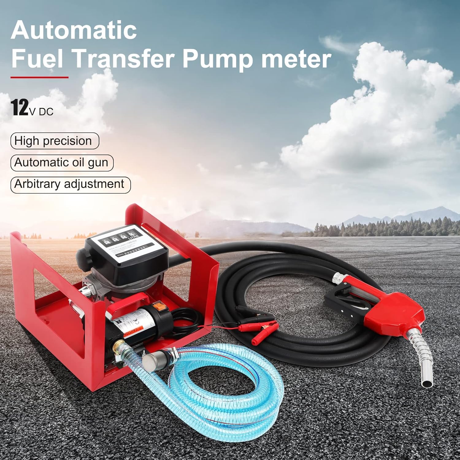 12V DC 155W Automatic Electric Transfer Fuel Pump Meter Large flow With Crocodile Clips Hose Automatic Nozzle And Mechanical Fuel Mete