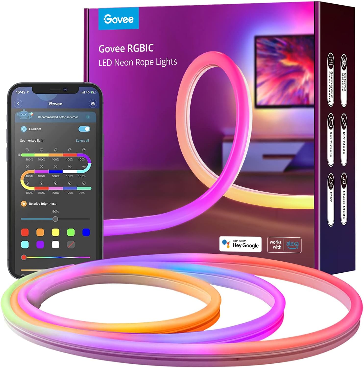 Govee Neon Rope Lights, RGBIC LED Neon Rope Light with Music Sync, 16 Million DIY Colors, Works with Alexa, Google Assistant, 10ft Neon Lights for Bedroom, Living Room(Not Support 5G WiFi) Pack of 2