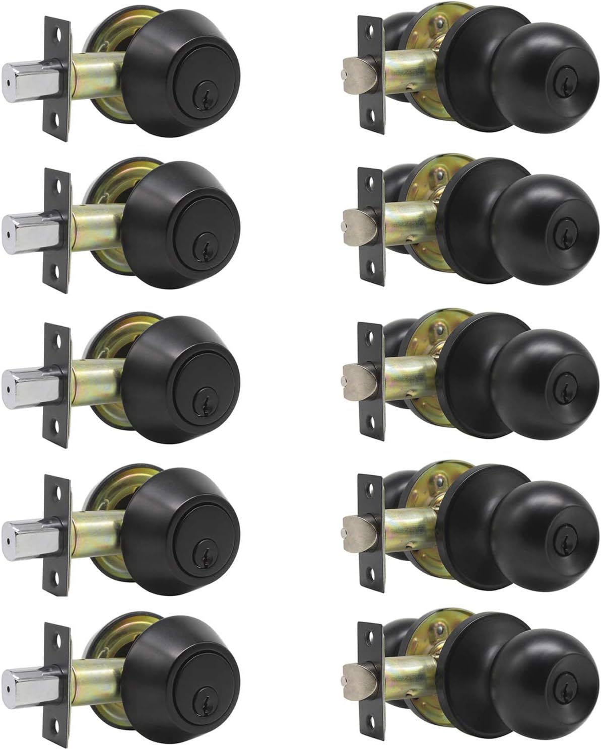 5 Sets-Entry Door Knob Lockset and Single Cylinder Deadbolt Combination Set, Keyed Alike Front Handlesets in Oil Rubbed Bronze, Combo Pack Door Knobs Exterior,Contractor Pack
