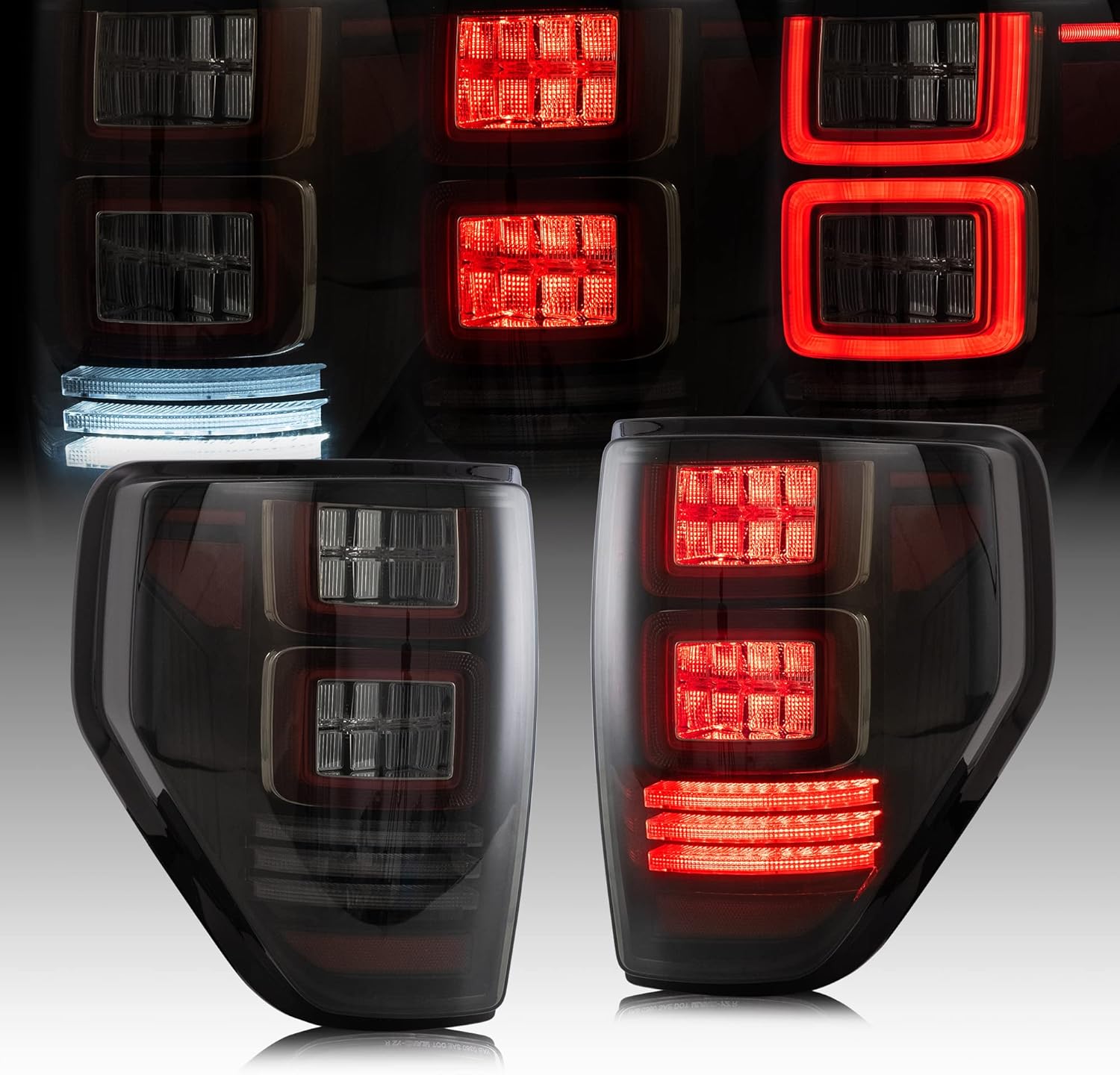 YUANZHENG Smoked Tail Lights Compatible For [ Ford F150 Pickup 2009-2014 FX2/FX4/SVT/RAPTOR R/TREMOR ] With Red Turn Signal Light Assembly (Not Fit Flareside & BLISS Models)