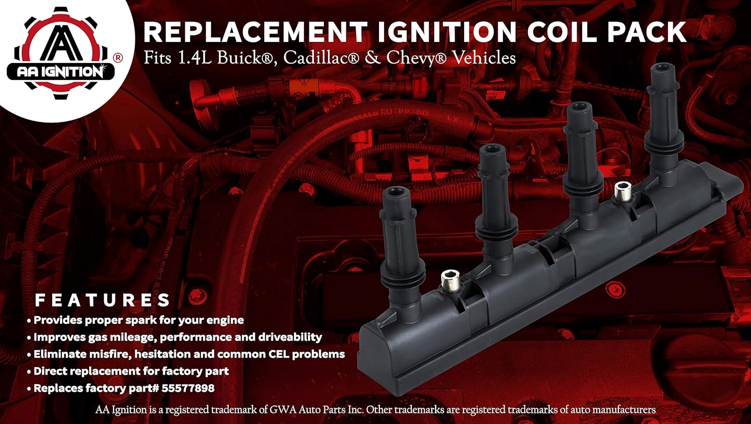 Ignition Coil Pack - Compatible with Chevy, Buick, Cadillac Vehicles - 2011-2018 - 1.4L Encore, ELR, Cruze, Cruze Limited, Sonic, Trax, Volt - Replaces D521C, 55577898, 55579072, 25198623, UF669 Pack of 2
