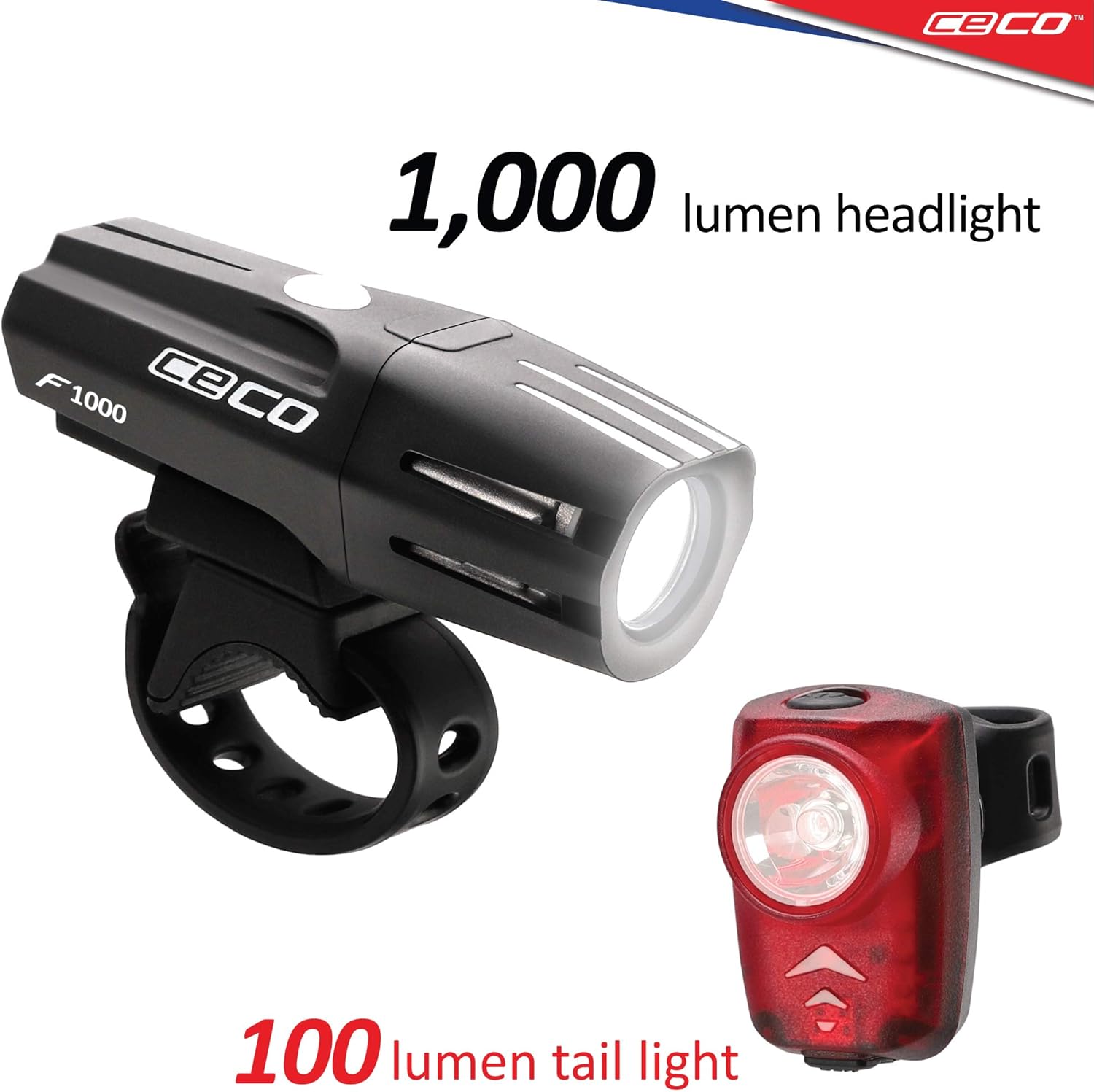 CECO-USA: 1,000 Lumen Headlight & 100 Lumen Tail Light Combo Pack for Cyclists who Want to See far & to be seen from afar. Brightest USB Rechargeable Bike Light Set Available for All Cyclists Pack of 2