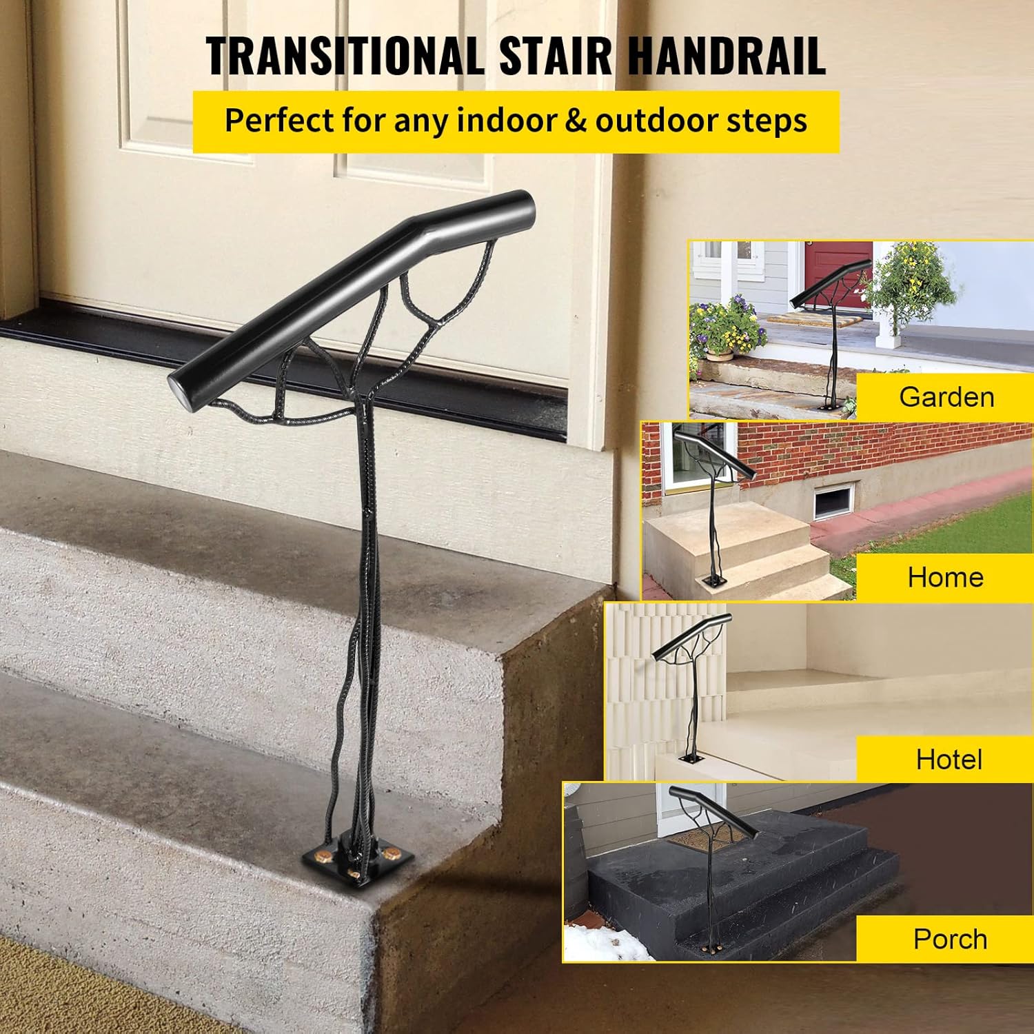 Happybuy 2-Step Single Post Branch-Type Metal Material Stair Hand Rail with Installation Kit 18L x 38H Inch Wrought Iron Handrails, Black Pack of 2