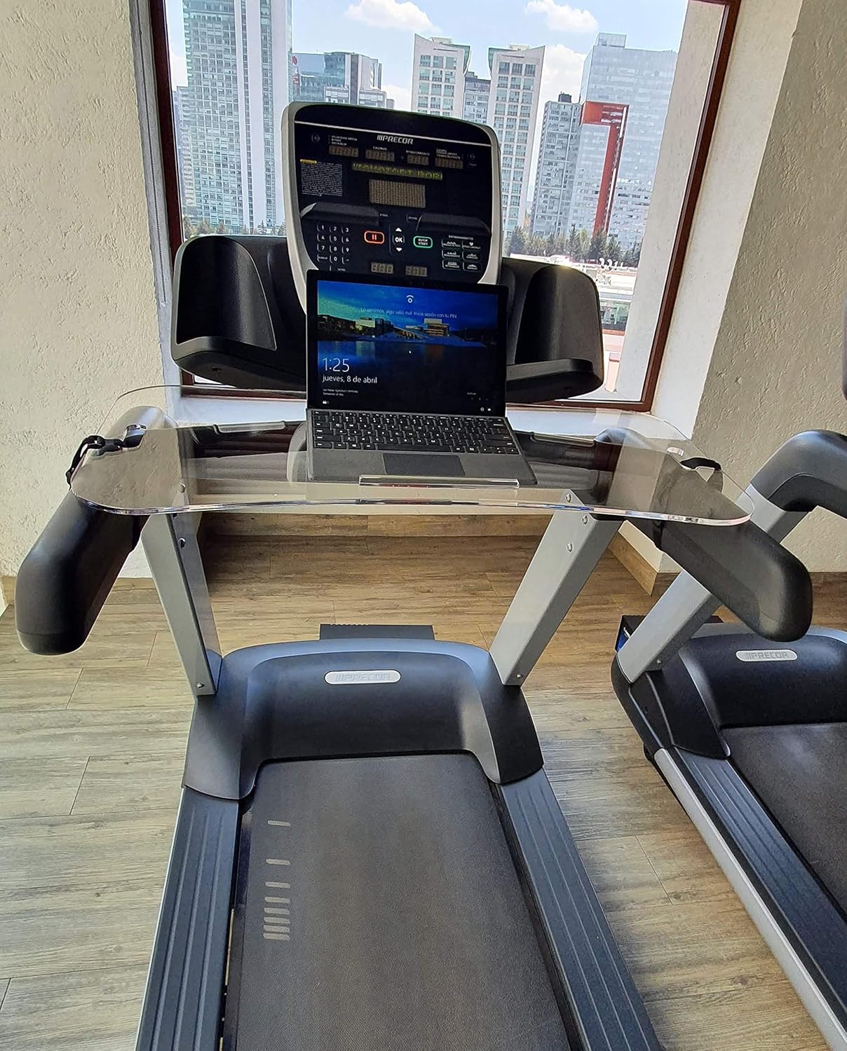 Marabuut Clear Acrylic Treadmill Laptop Tray - 2 Straps to Secure Tray to Treadmill - Holder for Your Tablet, Book, Laptop, or Phone - Bumper to Avoid Slippage - Complete with a Gym Towel Bullet Pack of 2