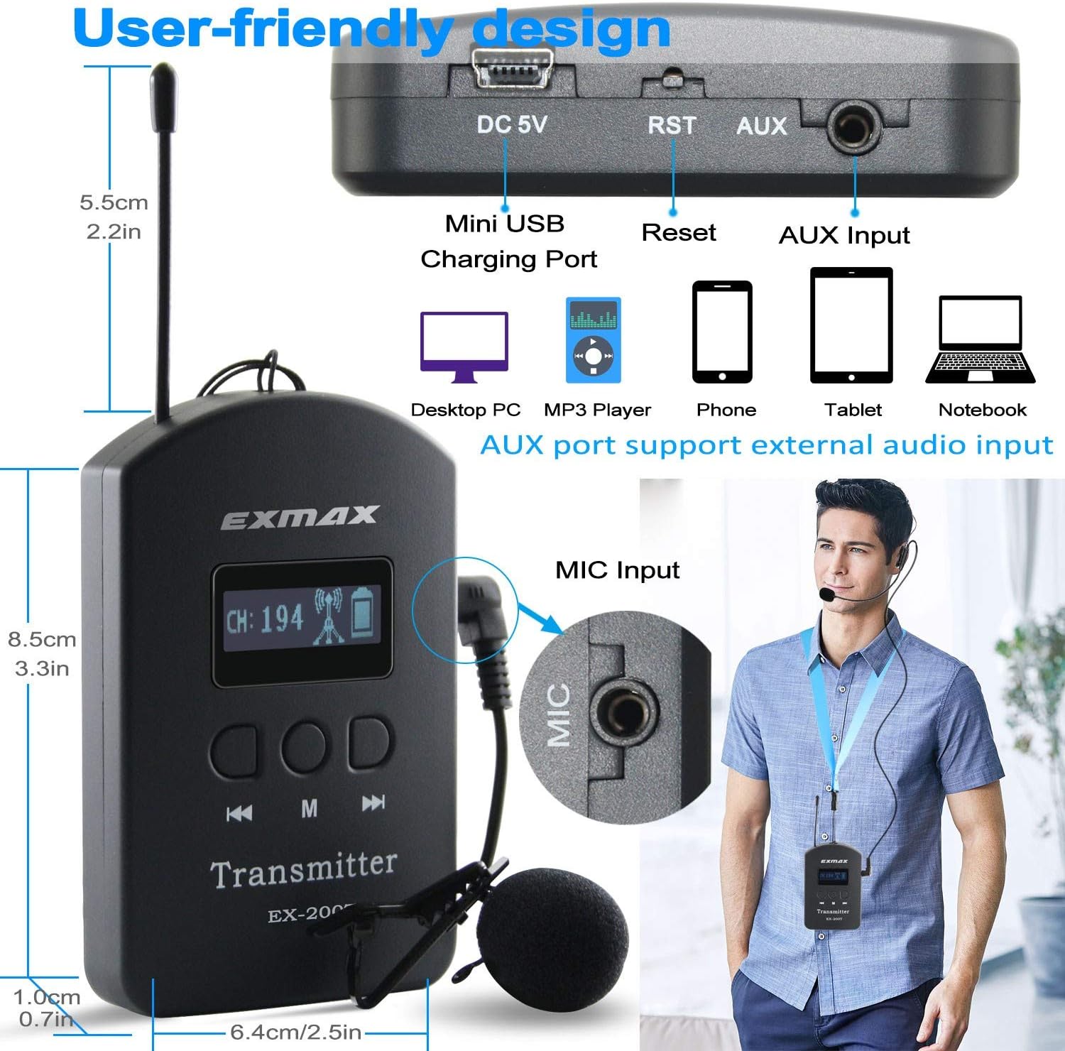 EXMAX EX-200N UHF Wireless Tour Guide Audio Voice Transmission Set Hands-free Transmitter Receiver 200 Channels for Church Translation, Presentation, Silent Conference - 1 Transmitter & 10 Receivers
