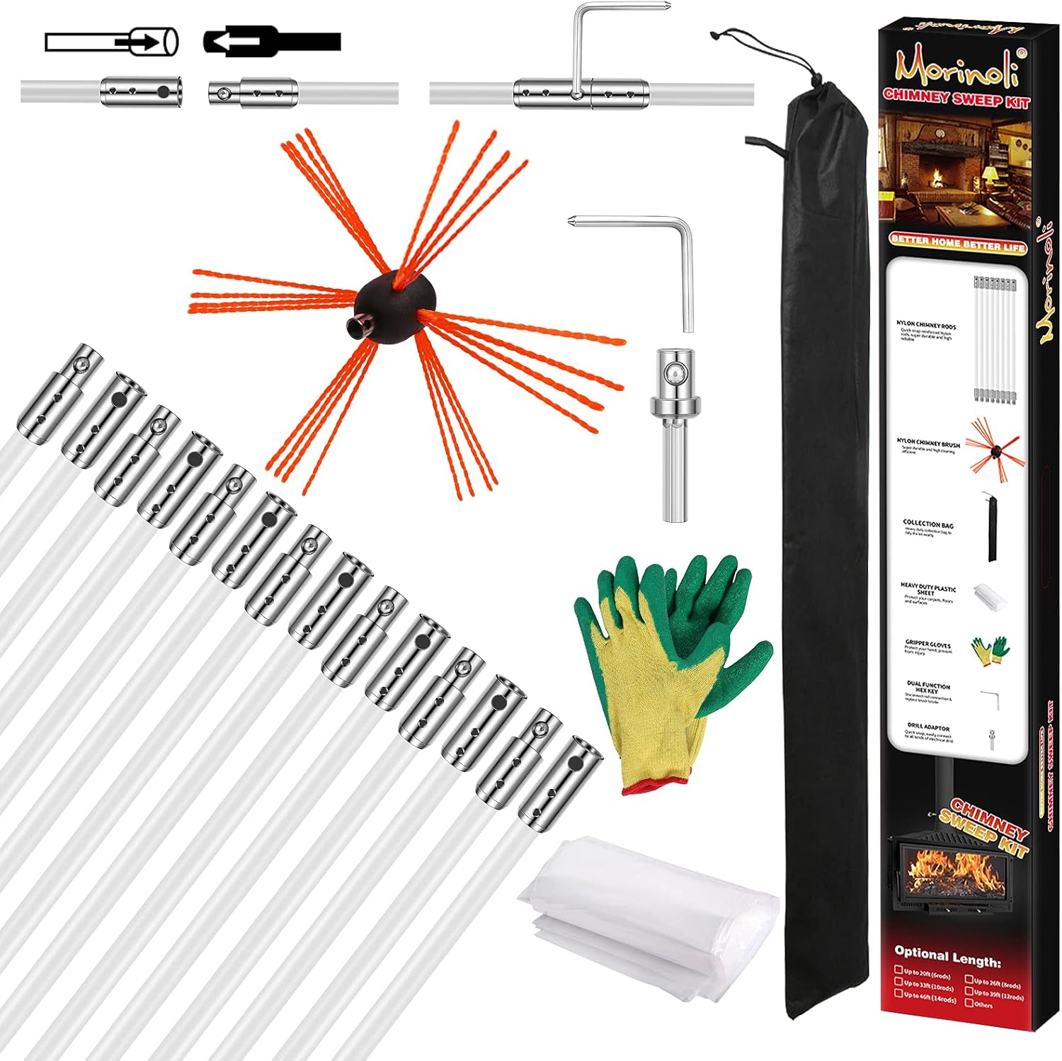 Morinoli 46 Feet Chimney Sweep Kit, Chrome Button Locking System, Chimney Cleaning Kit, Chimney Brush, Chimney Cleaning Tool, Chimney Cleaning System with 8 Flexible Chimney Rods