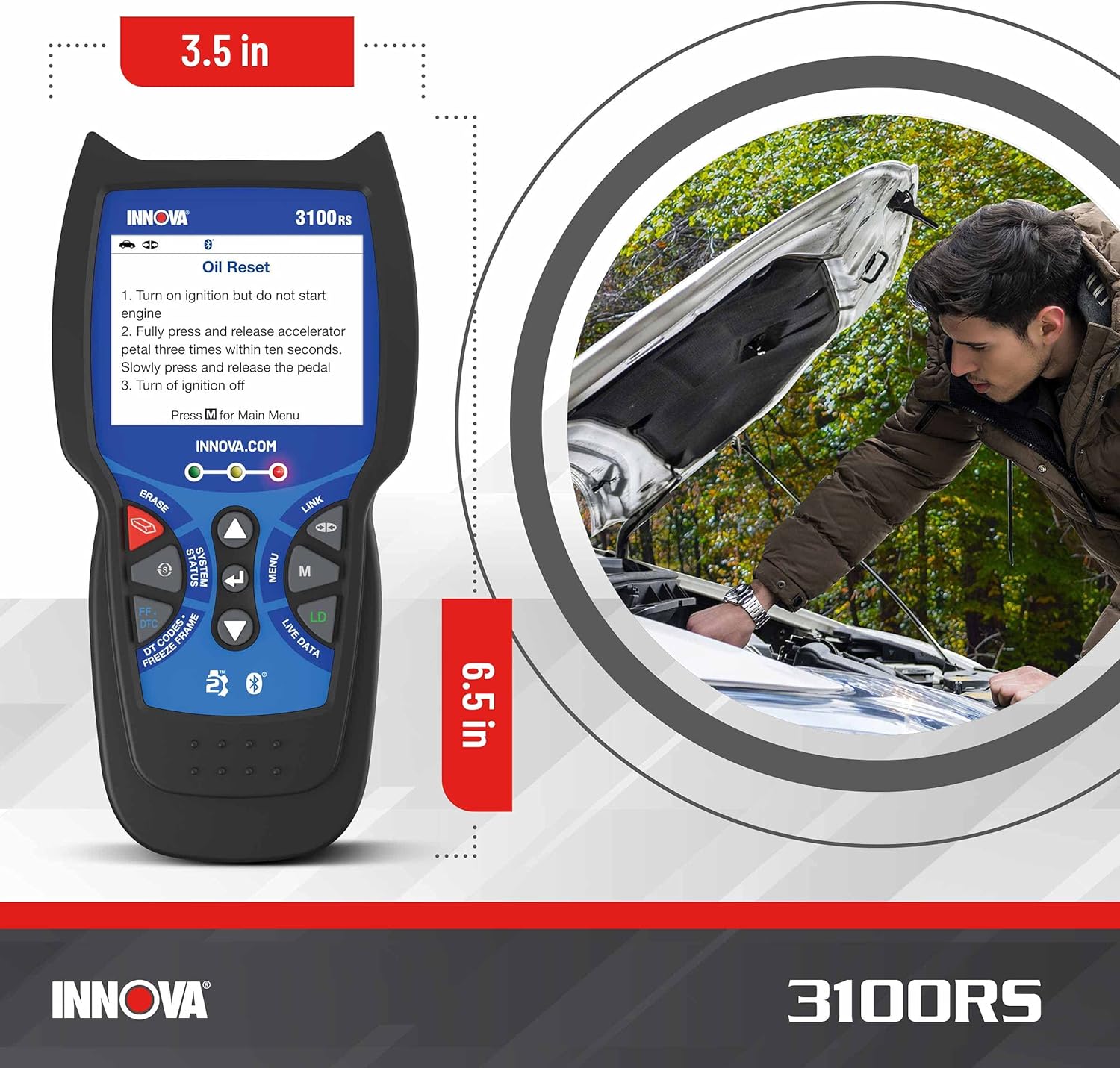 INNOVA 3100RS - Live Data OBD2 Scanner - Read/Erase OBD2 ABS SRS Codes - Reset Oil Light - Fast & Easy to use - Free Updates - Bluetooth w Free RepairSolutions2 App