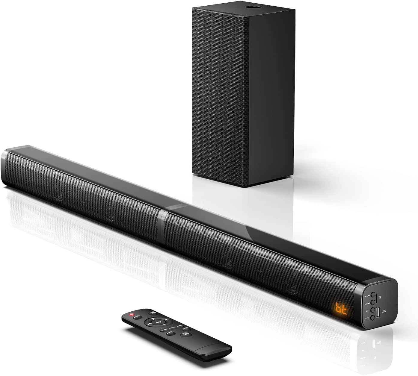 XZJX Direct 2.1 Slim Sound Bar, Sound Bar with Subwoofer, 110dB+100W, 5 Smart EQ Modes, LED Off, Optical/Aux/USB Sound bar | Multi-Connection Pack of 2