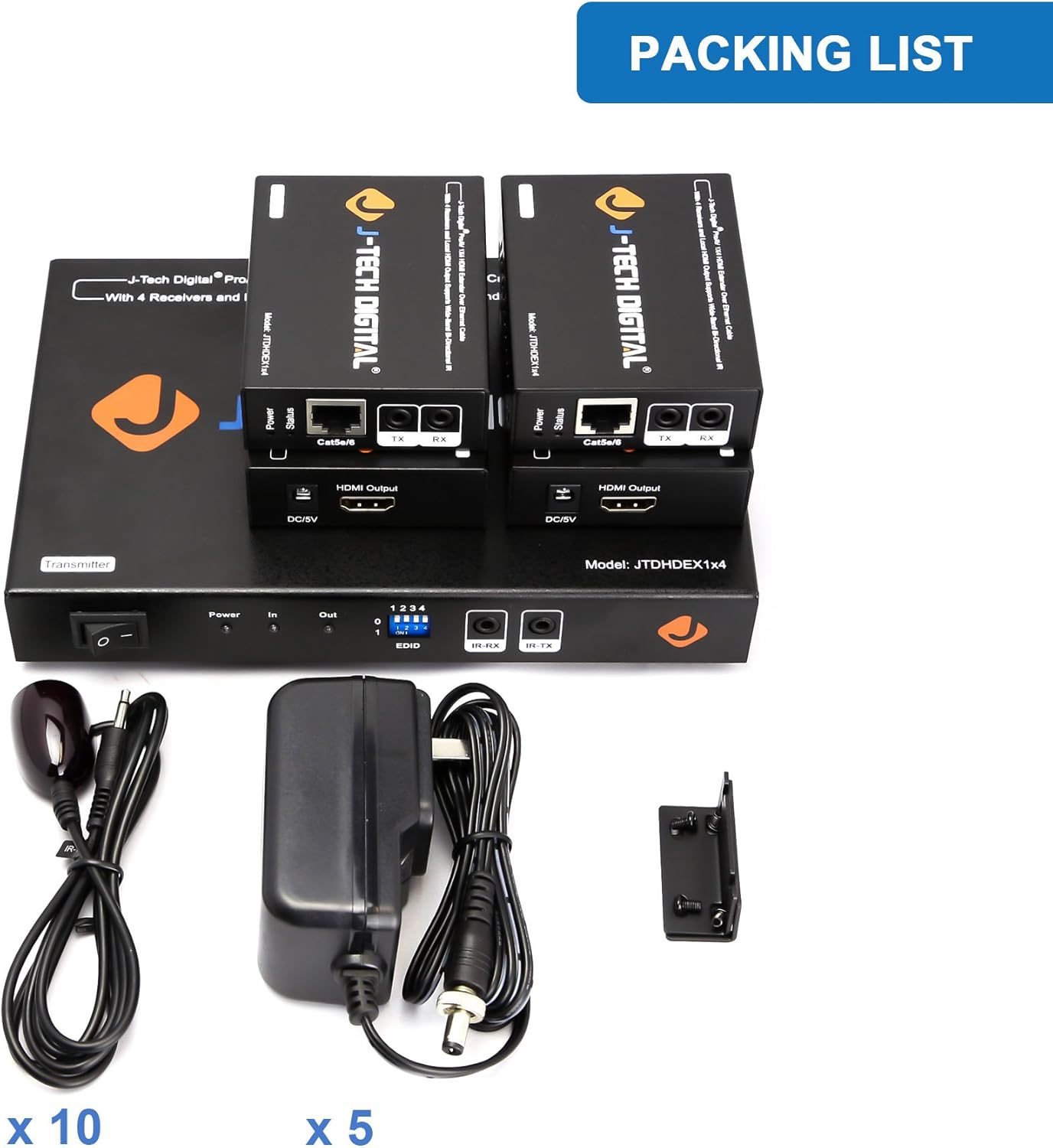 J-Tech Digital ProAV 1X4 HDMI Extender HDMI Amplifier HDMI Splitter Over Ethernet Cable with Bi-Direction IR and EDID Functions (1x4)