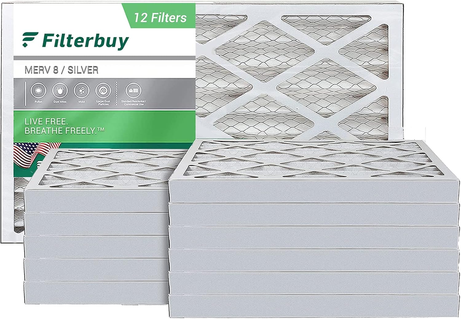 Filterbuy 20x34x2 Air Filter MERV 8, Pleated HVAC AC Furnace Filters (12-Pack, Silver)