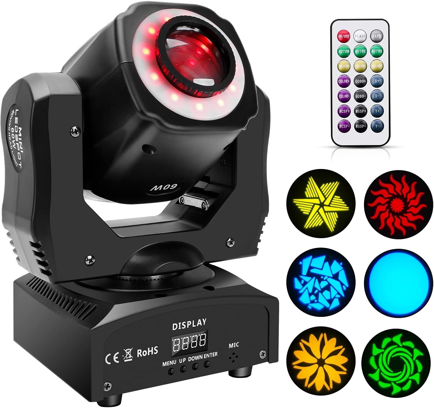 U`King 60W Moving Head DJ Lights RGBW Wash Lighting with 8 Gobos Stage Light by DMX and Remote Control for Party Wedding Church Live Show Halloween Christmas (Black)