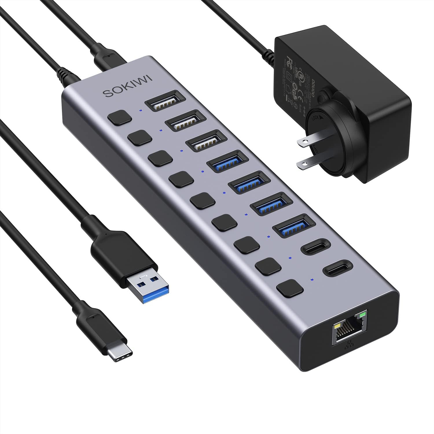 Powered USB 3.0 USB C Hub, Aluminum USB 10 Port with Ethernet, 12V/5A AC Adapter, 3 USB Charging Port, 4 USB 3.0, 2 USB C, Individual On/Off Switches Pack of 2