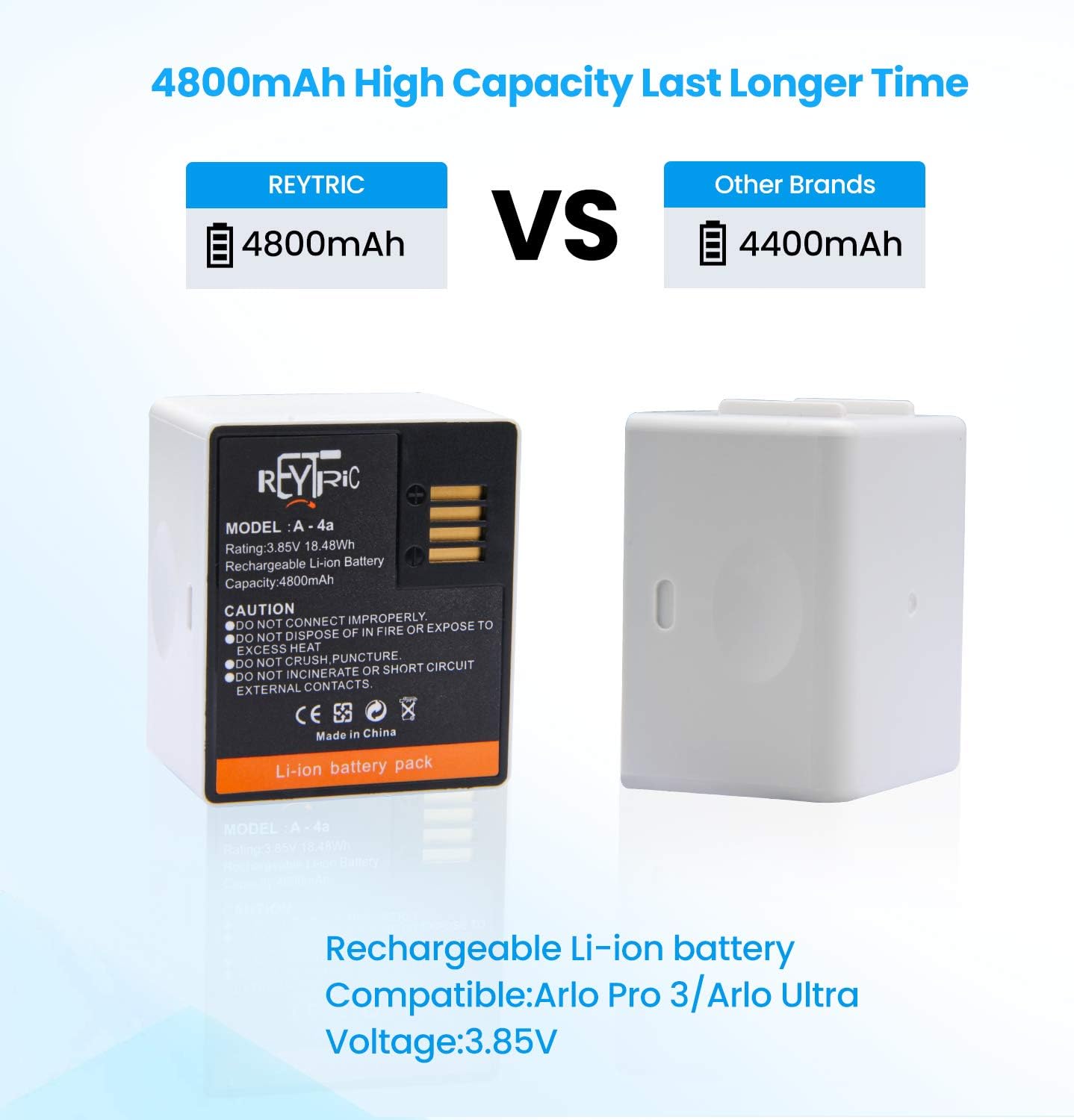 REYTRIC 2-Pack Rechargeable Batteries and LCD Dual Charger VMA5400 Compatible with Arlo Ultra, Ultra 2, Arlo Pro 3 and Pro 4 Camera VMC4040P 3.85V 4800mAh 18.48Wh A-4a Pack of 2