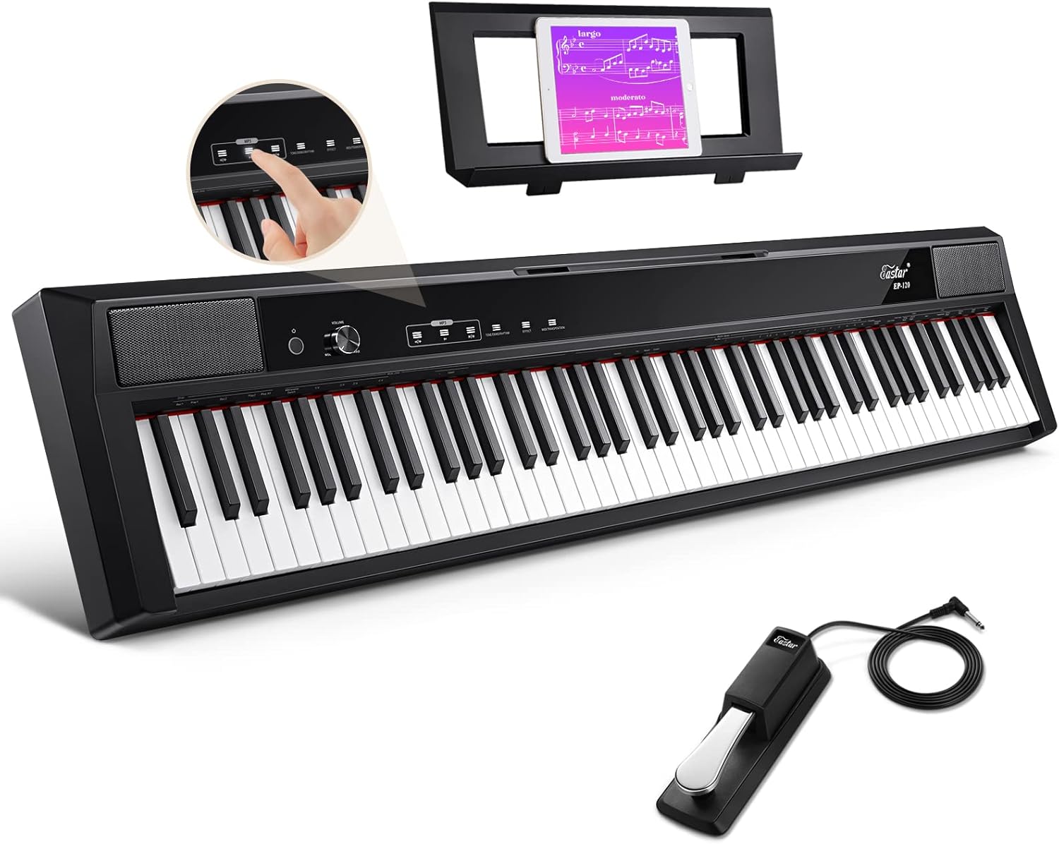 Eastar EP-120 88-Key Weighted Keyboard Piano with Touch-sensitive screen, Portable Digital Piano with Sustain Pedal, Power Supply for Beginner