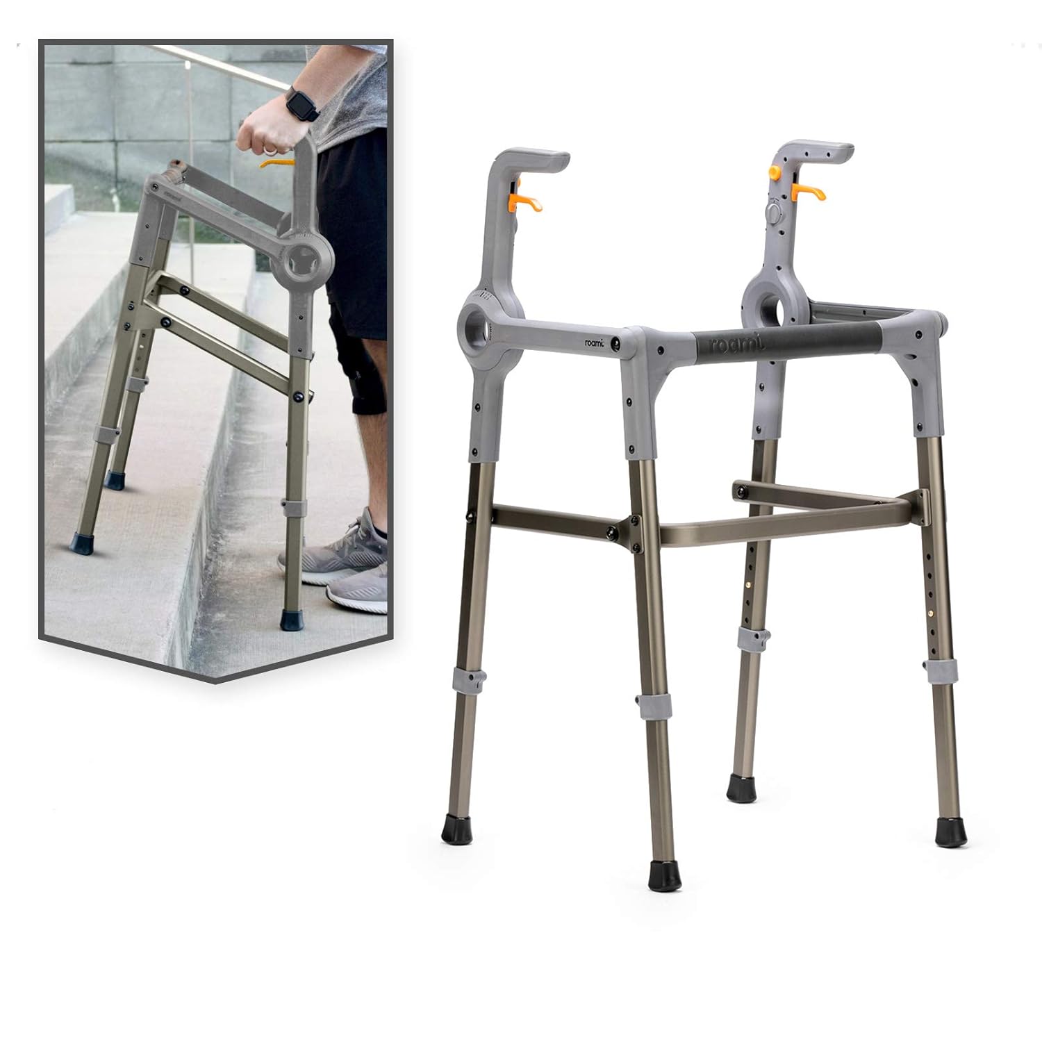Roami Progressive Mobility Aid, Walker and Self-Adjusting Step Assist, For Going Up and Down Stairs, Ramps, and Steps, Folding and Adjustable, Rehabilitation Aid for Adults or Seniors, Charcoal Gray