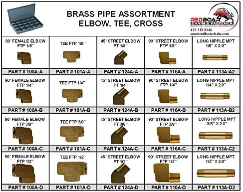 Brass Pipe Elbow Tee Fittings Assortment in 20 Hole Large Metal Tray (18”w x 12”d x 3”h)