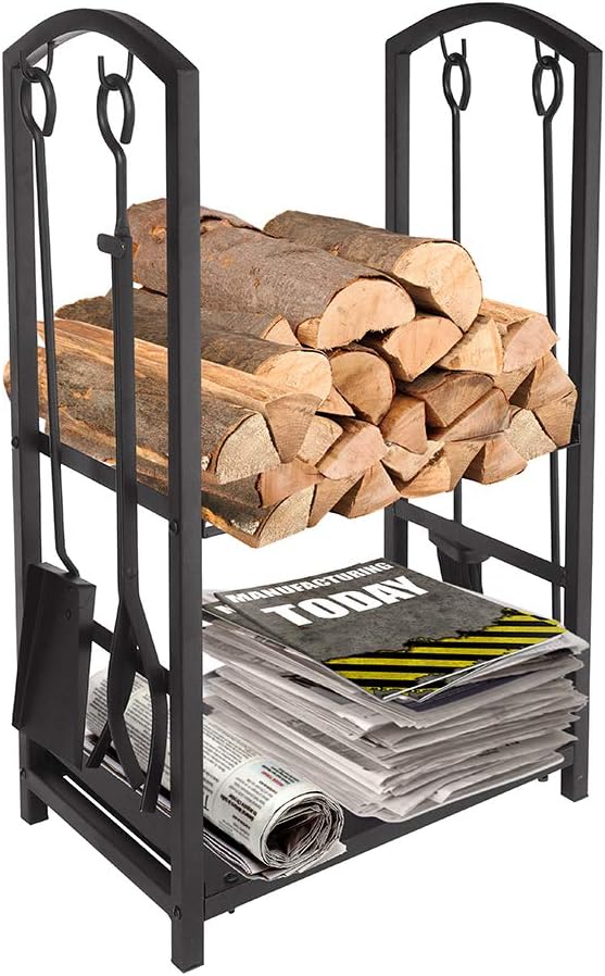 Firewood Log Rack Fireplace Tool Sets Black Wrought Iron Firewood Storage Holder Fireplace Wood Carrier Fireside Lumber Stacking Log Bin Brush Shovel Poker Tongs 17.8 x 11.8 x 29.3in Pack of 2