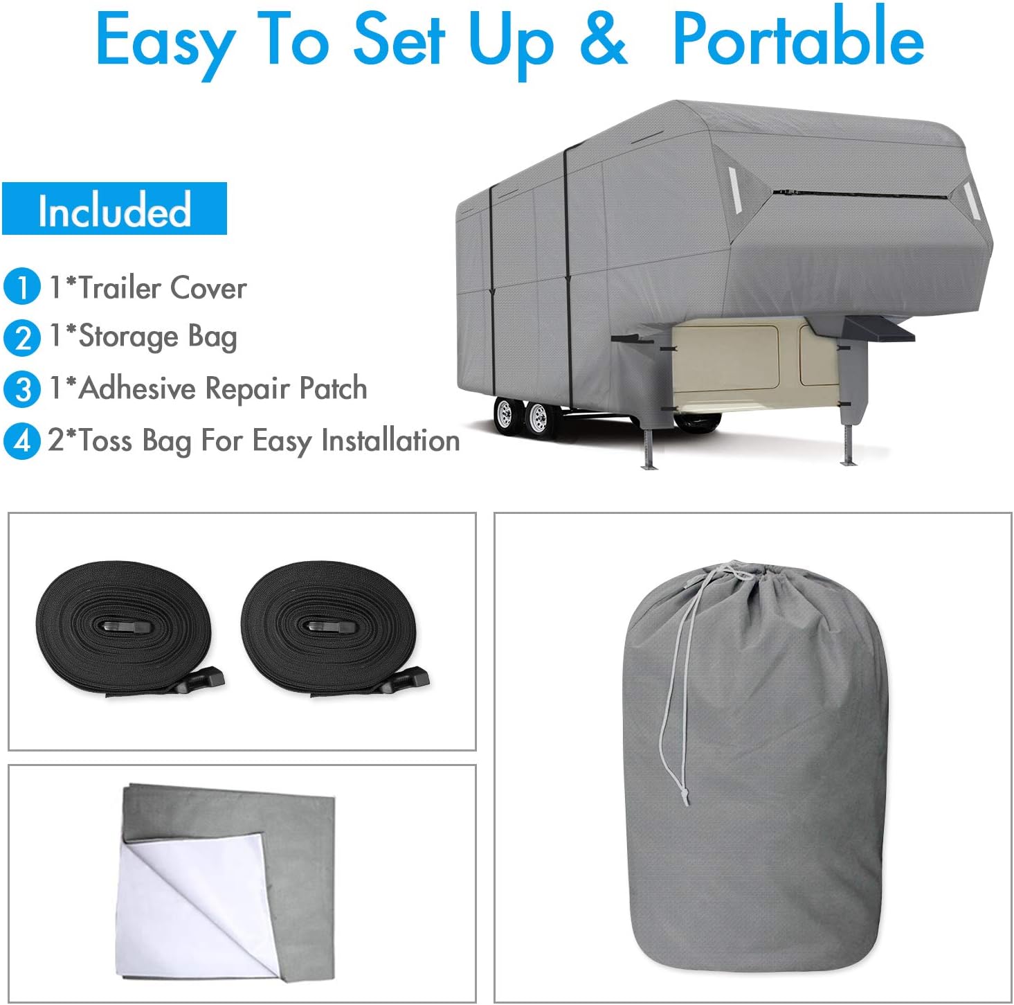 XGEAR Easy Setup 5th Wheel RV Cover Thick 3-Ply Top Panel - Ripstop Waterproof with a Pair of Assist Steel Pole (26'-29')