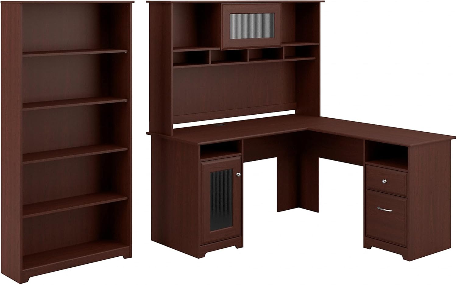 Cabot L Shaped Desk with Hutch and 5 Shelf Bookcase in Espresso Oak