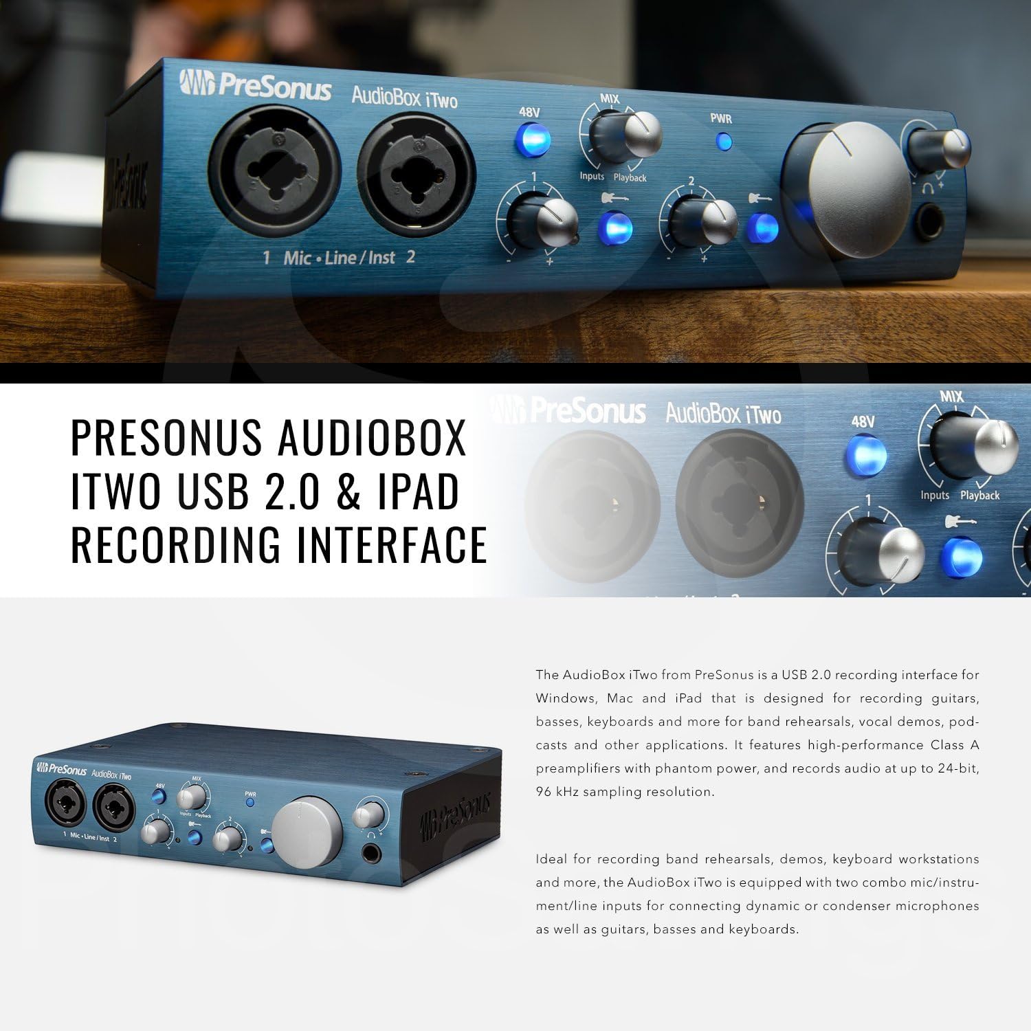 PreSonus AudioBox iTwo 2x2 USB Recording System with PreSonus Eris E3.5 Multimedia Reference Monitors, Samson Microphone, and Deluxe Bundle